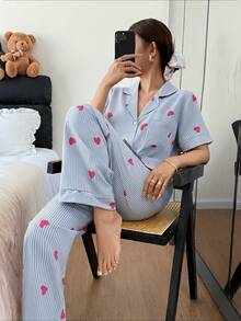 Dream Adore 女士条纹爱心印花翻领短袖睡衣套装 - 淺藍色 - 查看 5