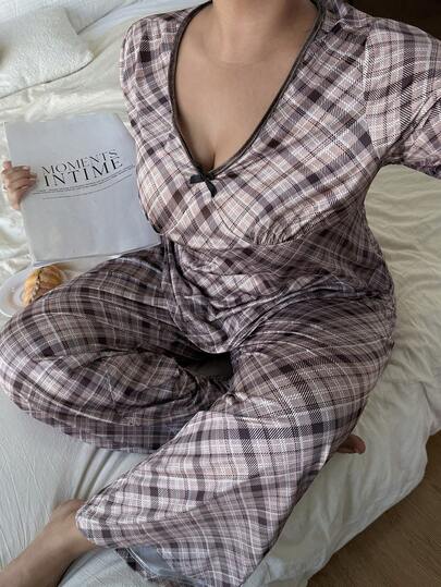 Dream Adore Conjunto de pijama de 2 piezas con estampado de cuadros y ribete de terciopelo, adecuado para primavera y otoño, talla grande