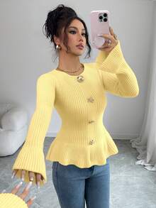 SHEIN Elenzya 女士优雅金属扣袖口荷叶边下摆长袖毛衣，秋冬款 - Butter Yellow - 查看 8