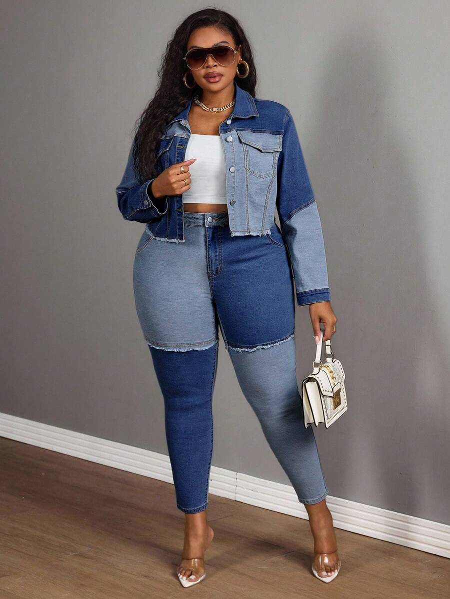 Slaydiva 大码女式牛仔蓝色拼接弹力短外套，长袖牛仔竞技 - 中等水洗藍 - 查看 1
