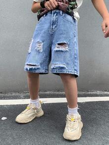 SHEIN 青少年男孩时尚休闲复古酷炫街头镂空破洞磨边宽松舒适清爽蓝色前开衩牛仔短裤，适合日常穿着以及春夏锐舞节和街头潮流。 - 藍色 - 查看 7