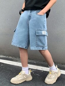 SHEIN Little Byeori Tween Boy Fashion Y2k Vintage Street Patch Details Blue Denim Loose Shorts For Summer,Streetwear,School,Back-To-School,Casual Pocket Design Dailywear - Blue - View 8