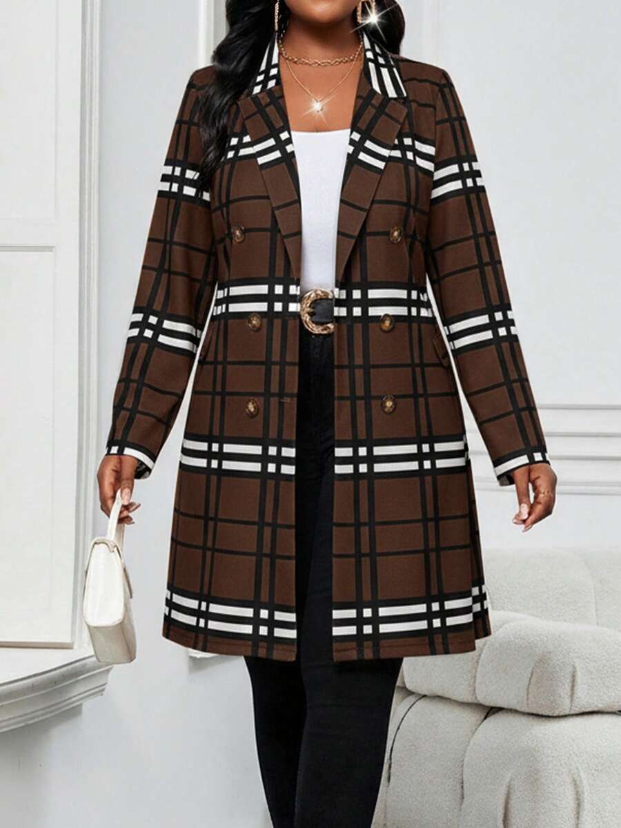 SHEIN Lady 2025新款優雅黑白格紋印花雙排扣棕色針織防風外套,正式辦公秋季翻領大碼女裝 - 摩卡棕 - 查看 1