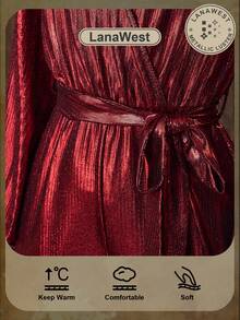 SHEIN LUNE LanaWest Women's Western V-Neck Overlap Front Detachable Belt Metallic Shiny Party Wear Flared Leg Jumpsuit - Burgundy - View 2