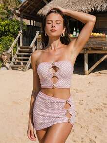 Swim Vcay 2 Stücke/Set Damen Mesh Strandüberwurf, rosa Gitter mit Metalldekor, transparenter Strandüberwurf für den Urlaub, süßes Mädchen Lässig vielseitiger Strandmode