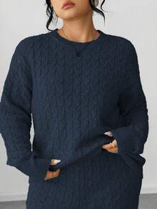 Elenzga 女士简约时尚长袖纽扣长裤加大码针织衫套装，秋冬穿搭 - 寶藍色 - 查看 5