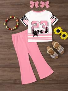 SHEIN Young Girl Retro Sporty Colorblock Street Style Outfit, Numeric & Letter Print Crew Neck Short Sleeve T-Shirt And Flare Pants Set, Suitable For Summer, Outdoor Picnic, Street Photography, Home, Boho, Hippie Style, Music Festival - Multicolor - View 3