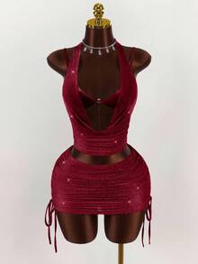 Amplova 女士时尚性感露背吊带上衣和侧边抽绳迷你裙两件套，夏季 - 酒紅色 - 查看 3