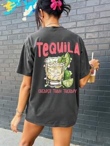 EMERY ROSE Áo thun tay ngắn cổ tròn in chữ và đồ uống cỡ lớn mùa hè dành cho nữ, áo thun họa tiết, áo thun Tequila tay ngắn vui nhộn - Màu xám đen - Xem 2