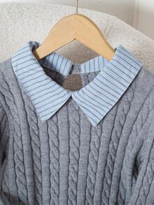 SHEIN Áo len chui đầu dây xoắn 2 trong 1 cho bé gái có cổ áo sơ mi, tay áo sơ mi, áo sơ mi sọc, áo len màu xám, áo len phong cách sinh viên, thích hợp cho mùa thu/đông, Giáng sinh, Halloween, kỳ nghỉ đông, tiệc năm mới - Xám - Xem 5