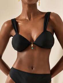 Écloséra Bestselling Summer Beach Casual Vacation Solid Color Swimwear, Elastic, Metal Decor Accessory Top - Black - View 6