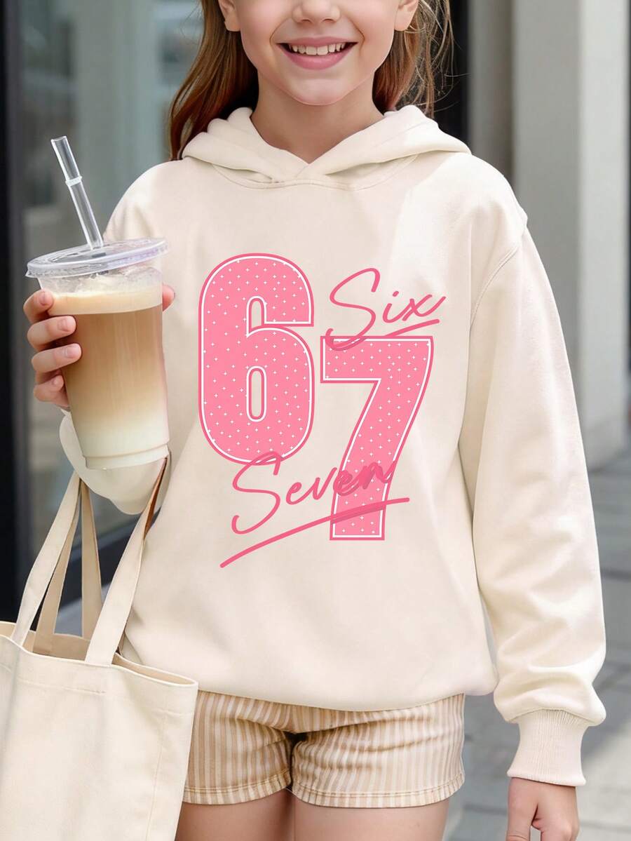 少女秋冬舒适休闲时尚创意个性清新别致简约数字67星空设计字母标语印花宽松卫衣，舒适百搭，适合秋冬季穿着。 - 卡其色 - 查看 1