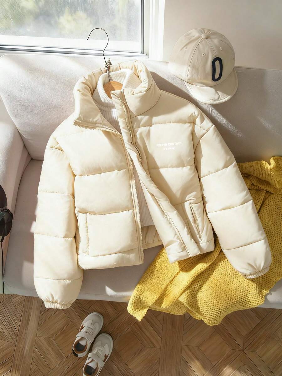 SHEIN Tween Girls' Casual All-Match Versatile Commuting Stand Collar Loose Drop Shoulder Letter Print Jacket, Warm For Autumn/Winter - Apricot - View 1