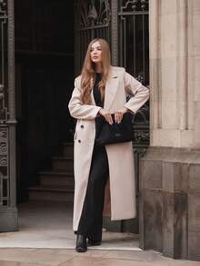 Áo khoác dài thắt eo màu xám cho nữ có ve áo - Màu be - Xem 5