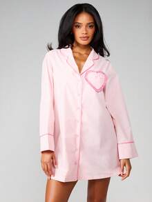 MISSGUIDED Polka Dot Heart Pocket Button Down Nightshirt Sleepwear Long Sleeve Pajama Dress - Pink - View 1