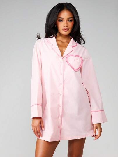 MISSGUIDED Polka Dot Heart Pocket Button Down Nightshirt Sleepwear Long Sleeve Pajama Dress