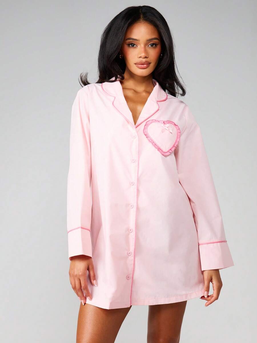 MISSGUIDED Polka Dot Heart Pocket Button Down Nightshirt Sleepwear Long Sleeve Pajama Dress - Pink - View 1