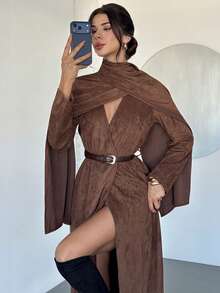 Firerie Women's New Autumn/Winter Scarf Attached Elegant Everyday Commute Lightweight Long Jacket - Coffee Brown - View 1