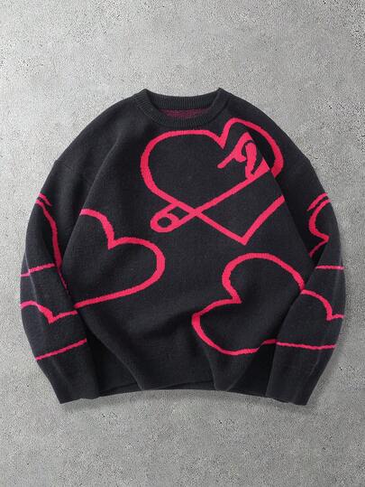 Men's Casual Heart & Paper Clip Pattern Dropped Shoulder Loose Knit Sweater, Autumn/Winter, Valentine's Day