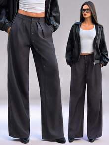 SHEIN TRNDY 女士宽松休闲纽扣长裤，垂坠感舒适，适合秋冬季穿着 - 深灰色 - 查看 1