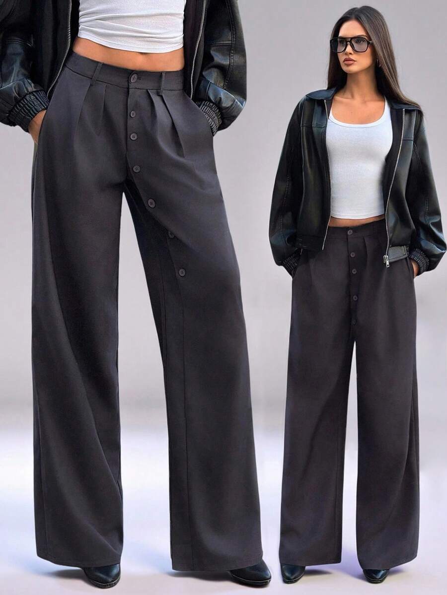 SHEIN TRNDY 女士宽松休闲纽扣长裤，垂坠感舒适，适合秋冬季穿着 - 深灰色 - 查看 1