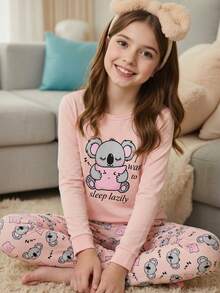 Girls Cute Koala Print Pink Knitted Stretchy Soft Comfortable Snug Fit Long Sleeve Top And Pants 2 Pieces Pajama Set - Dusty Pink - View 5