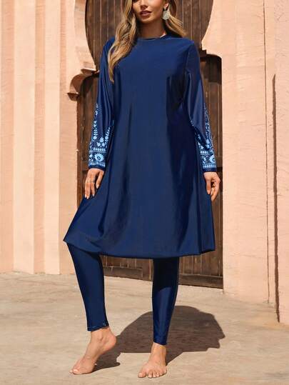 Swim Mulvari Plus Size Women's Digital Print Burkini Set, Suitable For Summer Beach, Resort, Swimming Pool