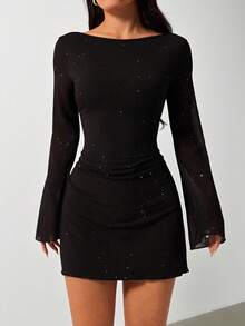 SHEIN PETITE Elegant Bowknot Backless Glam Mini Dress, Bodycon Fit, Suitable For Parties ,Petite Women - Black - View 6