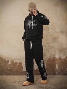 PAVTROS Bộ quần dài và áo hoodie in họa tiết tối giản dành cho nam, nam, rộng thùng thình, tốt nhất, bạn trai, mùa hè, kỳ nghỉ, Y2k, cổ điển, bạn bè, bộ đồ quần dài màu đen in họa tiết phong cách cổ điển cỡ lớn - màu đen - Xem 6