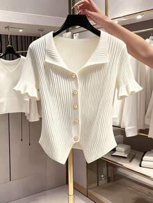 Franclia Spring/Summer New Simple Front Button Decor Hem Slit Ruffle Hem Short Sleeve T-Shirt - White - View 1