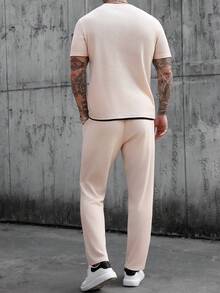 Manfinity Homme 男士休闲日常通勤简单纯色华夫饼面料短袖T恤和抽绳腰部长裤套装春夏秋 - 杏色 - 查看 2