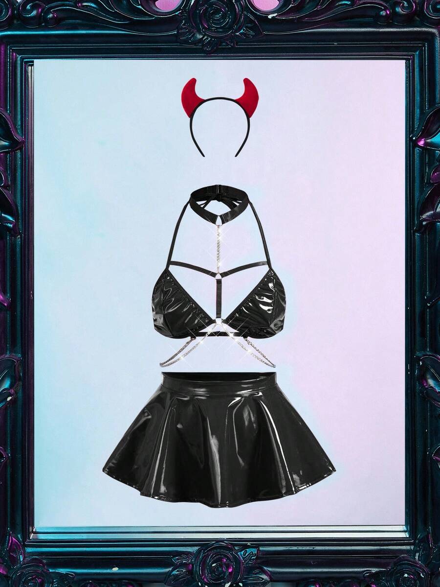 Fantasy Costume Bộ trang phục gợi cảm 4 món dự tiệc ngày lễ có sừng - màu đen - Xem 1