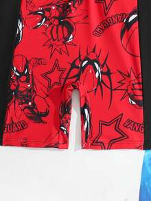 Tween Boy Cartoon Print Zip-Up One-Piece Swimsuit & Shorts Junior Surf Swimwear Boys Rash Guard Set Kids Red Swimsuit Size 5 Boys Red Swim Sets Red Boys Swim Sets - Multicolor - View 5
