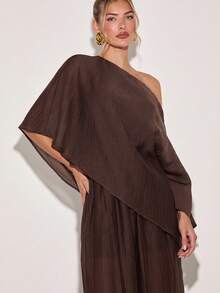 COSMINA 女士纯色不对称肩蝙蝠袖衬衫和阔腿裤时尚两件套，斜肩上衣，披肩领上衣，纹理褶皱面料，棕色优雅女士两件套，休闲装，优雅度假装，春夏女装 - 棕色 - 查看 6