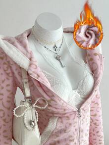 SHEIN PETITE 秋冬季女士休闲撞色保暖拉链卫衣，豹纹印花，修身腰部设计，面料柔软，适合返校季穿着 - 粉色 - 查看 5