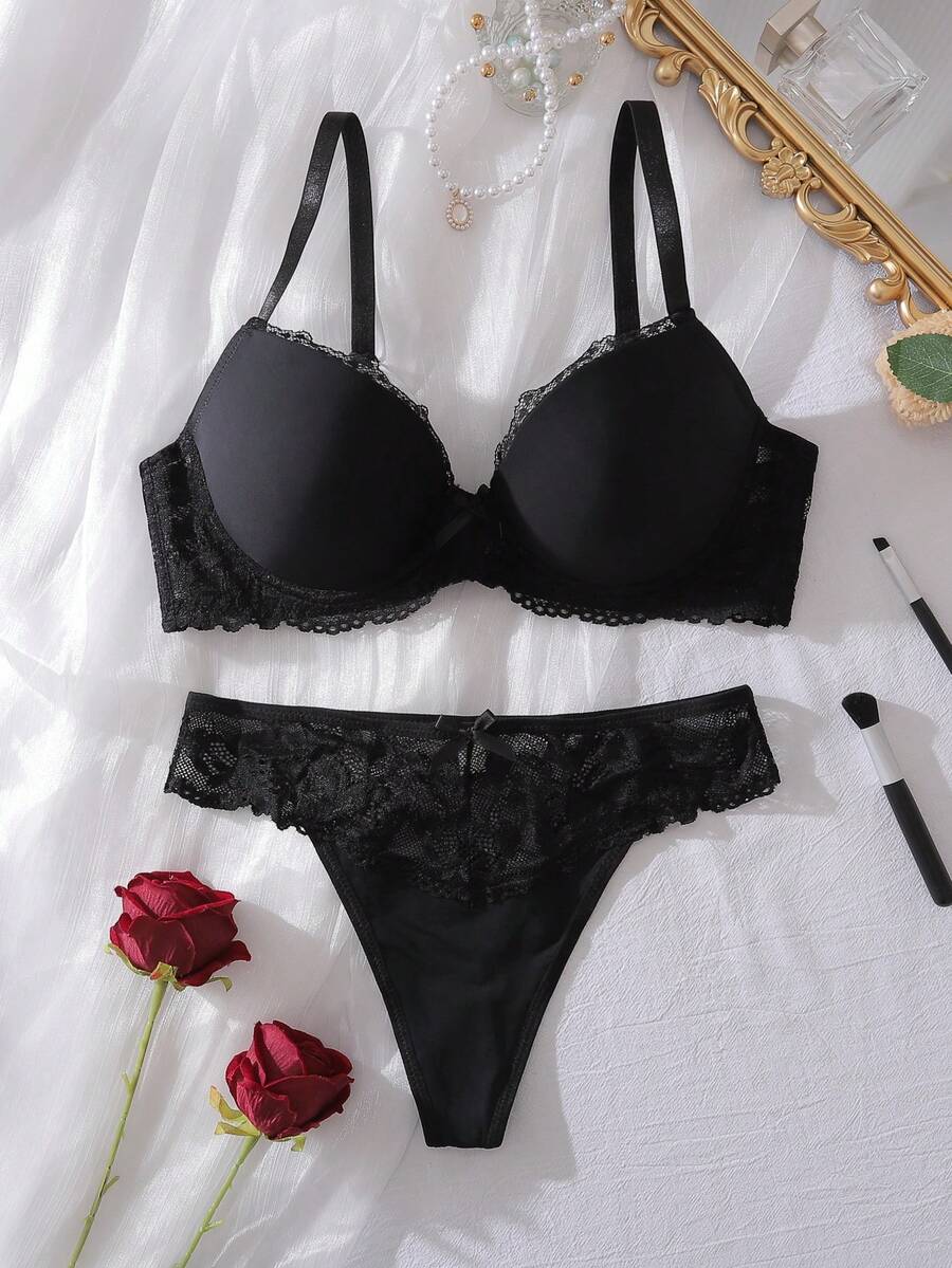 SHEIN Women Contrast Lace Underwear Lingerie Set With Steel Rims - Black - View 1