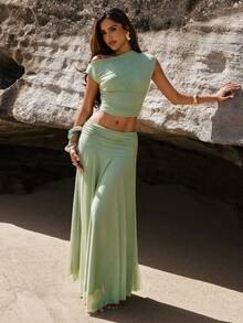 SHEIN BAE 纯色不对称领上衣和百褶裙休闲套装 - 綠色 - 查看 1