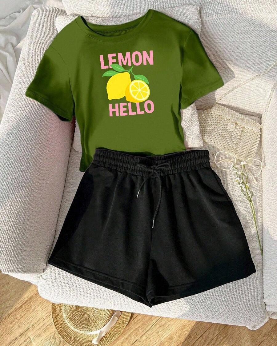 Set de 2 piezas de camiseta y pantalones cortos con estampado de Lemon - Verde militar - Ver 1