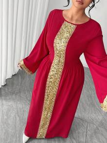 Elenzga 女士优雅梭织面料酒红色花卉蕾丝串珠装饰长袖连衣裙，春秋季 - 紅色 - 查看 4