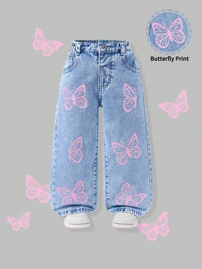 SHEIN ChillGRL 年轻女孩休闲可爱水洗深蓝色蝴蝶印花松紧腰直筒牛仔裤
