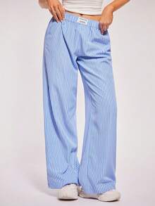 Radiana Women's Simple Fashion Casual Blue And White Striped Low Waist Wide Leg Pants, Striped Trousers, Low Waist Pants, Sweatpants, Casual Pants - Blue - View 4