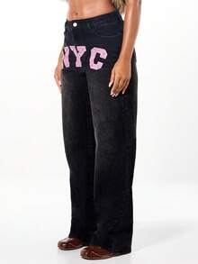SUMWON Plus Size Wide Leg Black Denim Jeans With Pink NYC Studded Letter Print High Rise Baggy Fit Casual Pants With Metal Embellishments - Black - View 5