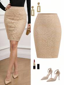 Ellevyn Women's Lace Patchwork Fashionable Versatile Party Mini Skirt - Apricot - View 1