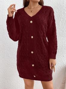 SHEIN LUNE 大码女式休闲落肩纽扣针织毛衣连衣裙，秋冬款 - 酒紅色 - 查看 5