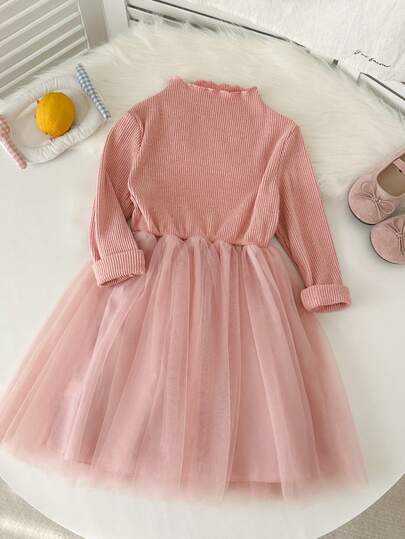 Genkimix Kids Genkimix Girls Frill Trim Elegant Solid Color Long Sleeve Mesh Dress