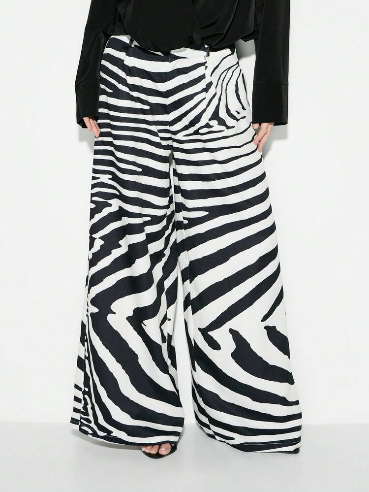 KIZN Zebra Print Wide Leg Palazzo Pants High Waisted Tailored Trousers Animal Print Statement Bottoms Fall Winter Fashion