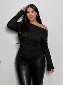 Firerie Áo thun nữ tay dài dáng ôm dáng màu đen trơn viền bất đối xứng cỡ lớn/Mùa đông - Nhiều màu - Xem 4