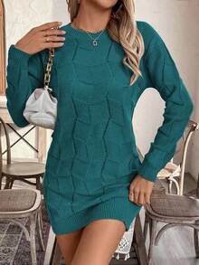 EMERY ROSE Women's Loose Casual Round Neck Drop Shoulder Long Sleeve Knitted Sweater Dress, Autumn/Winter - Teal Blue - View 4