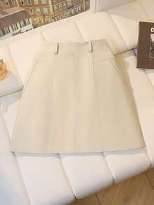 INAWLY Plus Size Women Solid Color Casual Commuter Versatile Skirt - Beige - View 3