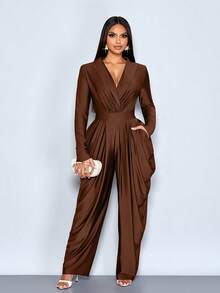 SOLERSUN Women's Elegant Loose Coffee Shawl Collar Deep V Neck Long Sleeve Pleated Pocket Structure Elastic Waistband Harem Jumpsuit - Coffee Brown - View 1